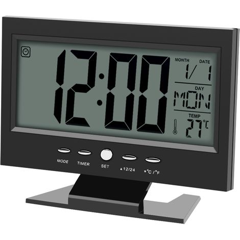 LED-Digitalwecker mit Geräuschsensor, Tischuhr, Kalender und Thermometer, schwarzem LCD-Bildschirm, Nachttisch (1/5)