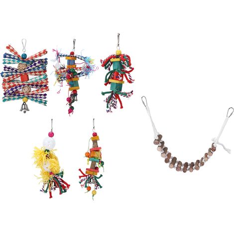 Lot de 7 petits jouets pour oiseaux : perroquets multicolores, échelle à grimper, blocs de bois à déchiqueter et à suspendre. (1/5)