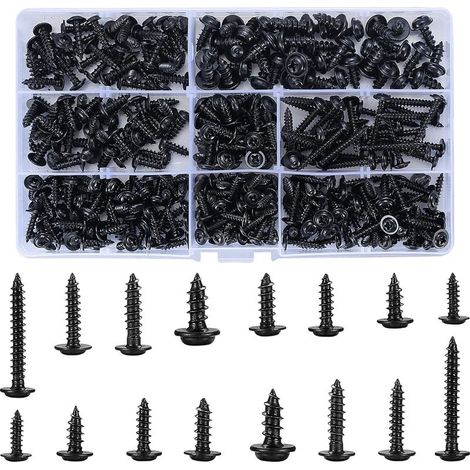 350 Pièces Vis Autotaraudeuses, Vis Autoforeuse Acier Carbone, Vis à Bois Noir, Kit Vis Tête Ronde, Vis Cruciforme Tête Plate pour Métal en Bois Souple - 8 Spécifications, Avec un Boîte Plastiq (1/5)