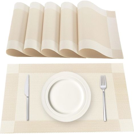 Lot de 6 Set de Table, Antidérapant PVC Polyester, Résistant Chaleur 100°C, Cuisine Salle à Manger Beige