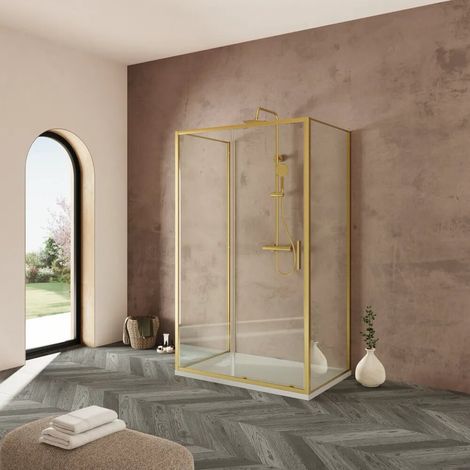 Box doccia tre lati 90x100x90cm con porta scorrevole profili oro spazzolato vetro 6mm trasparente anticalcare h190 Portofino (1/4)