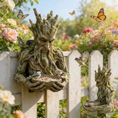 The Quiet Offering Tree-Integrated Bird Feeding Sculpture – Outdoor Ancient Tree Feeder with Hidden Keyhole Hanger, Rustic Resin Garden Art for Fences, Courtyards – Functional Decor (1) (1/5)