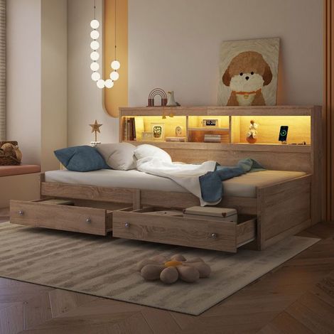 Lit banquette enfant - SOGEU - Daybett 90x200 - 2 tiroirs - LED d'ambiance - 2 ports USB (1/5)