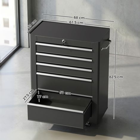 Werkzeugschrank, Werkzeugkiste, 5 Schubladen, rollbar, Stahl, Schwarz (1/5)