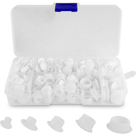 150 Pièces Cache Trou Meuble,Bouchon Caoutchouc 5/6/8/10/12 MM, Capuchons pour Trous De Perçage, Cache Vis Blanc Universels ,Bouchon Plastique pour Bibliothèques Armoires Penderies (1/5)