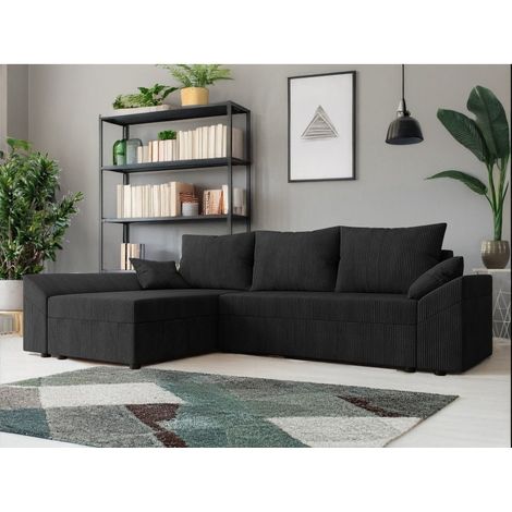 Tendencio – Canapé d'angle convertible en velours côtelé noir – Réversible – Dimensions 248x139cm – Surface de couchage 200x130cm – Avec tiroir de rangement