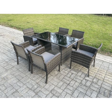 Fimous Wicker PE Outdoor Rattan Garden Furniture Arm Chair And Table Dining Sets 6 Seater Rectangular Table Dark Grey Mixed (1/5)