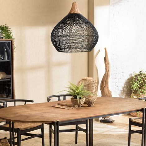 SIXTINE - Suspension 'cloche' 68x68cm en rotin noire et bois de teck (1/5)