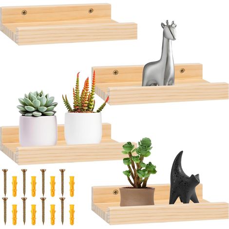4 Pièces Étagère Murale Bois 20 × 12 × 4 cm Etagères Flottantes Form de U avec Bord de Protection Tablette Bois Murale avec Vis et Tubes D'expansion pour Salon Chambre Salle de Bain Décoration (1/5)