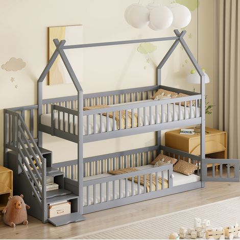 Letto a castello per bambini 90x200 cm in legno massello grigio con tetto e scala con cassetti (1/5)