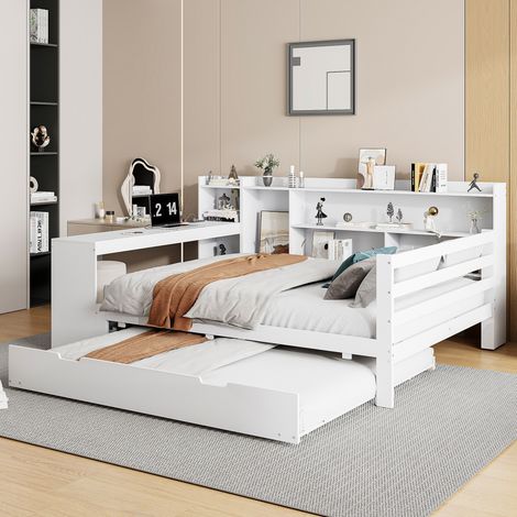 Lit gigogne 140x200 cm Lit bouble avec bureau, bibliothèque, étagères, rangements, lit d'appoint, prises USB, structure en bois, blanc (1/5)