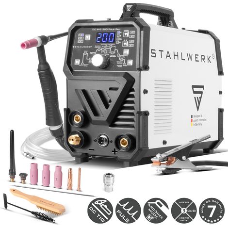 STAHLWERK Soldador combinado 2 en 1 DC TIG 200 Puls Pro – TIG & MMA (Electrodo/ARC) hasta 200 A, función de pulso, memoria, apto para chapa fina, para acero, acero inoxidable, cobre y latón
