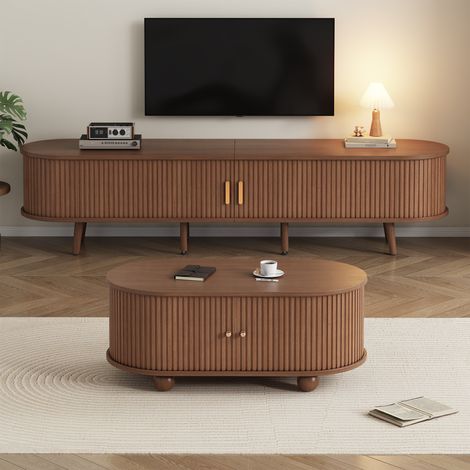 Meuble TV du salon avec combo rangement + table basse,combinaison noyer dans la couleur bois d’origine,MDF,2 sets (1/5)
