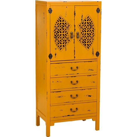 Armario de madera con 4 cajones y 2 puertas amarillo 60x40x140h cm (1/5)