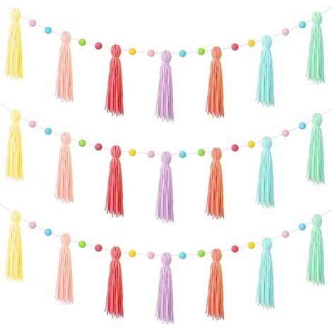 Juego de 3 guirnaldas de borlas bohemias con pompones arcoíris para decoración de pared (1/5)