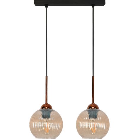 Lampada a sospensione da soffitto, a sbalzo, a striscia, con sfere ambrate, stile loft industriale, 2 attacchi E27 verticali, 15-048 (1/5)