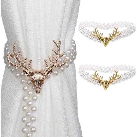 2 Pièces Embrasses de Rideaux Doré pour la Chambre et du Bureau, Métal Boucle avec Perles, Motif Cerf (1/5)