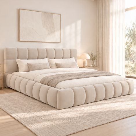 Letto matrimoniale Queen Size 160x200 cm imbottito in velluto, rete a doghe e testiera spessa, design scandinavo, beige (1/5)