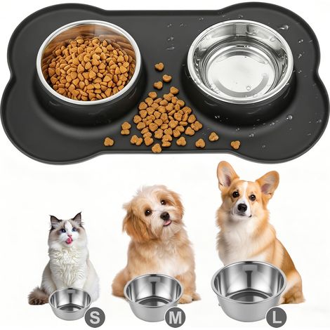 Tapis Gamelle Chat Inox, 2 PcsGamelle pour Chien et Chat Antidérapante en Acier Inoxydable, Double Bols Eau avec Tapis Gamelle Chien Anti Eclaboussure en Silicone ( S 36 x 21 cm) (1/5)