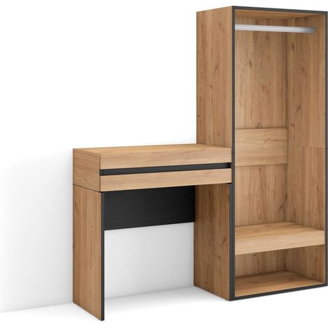 Skraut Home – Table console d'entrée avec tiroir – Grand espace de rangement 130x35x145 cm – Style moderne en chêne – Module armoire ouverte (1/5)