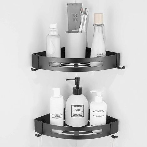 Étagère de douche d'angle en acier inoxydable noir, accessoire de salle de bain. Rangement mural adhésif en acier inoxydable, sans rinçage.