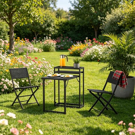 Space Saving Black Metal Foldaway Bistro Set with 2 Chairs for Outdoor Patio Garden (1/5)
