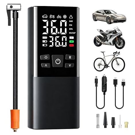 Gonfleur Pneus Voiture sans Fil 150 PSI, Compresseur à Air Portatif 6000 mAh Rechargeable avec Écran LCD et Lumière LED, Pompe à Air Électrique pour Voiture Moto Vélo Ballon Noir (1/5)
