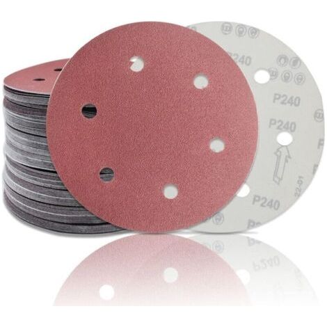 30 pièces Disque abrasif 225 mm Disque de Ponage (5X 40/60/80/120/180/240 Grain) pour les ponceuses à long col, les meuleuses de cloison sèche de 6 trous Ronds Papier Abrasif (1/5)