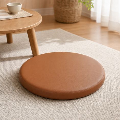 Coussin Rond Mousse a Memoire 45 cm Cuir Marron - Coussin de Siege Etanche pour Plancher (1/5)