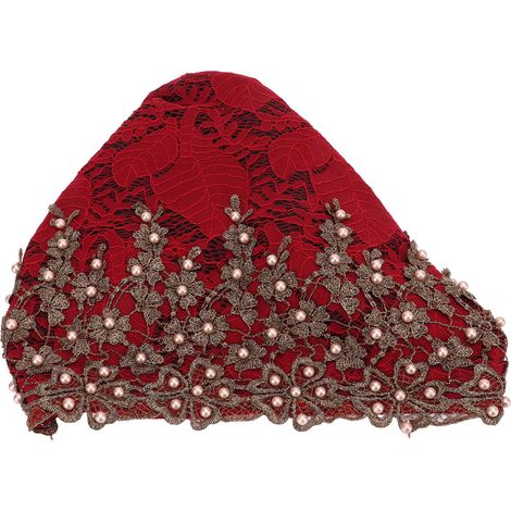 Turban Head Wraps Vintage Embroidered Soft Lace Material Beaded Fleece Hair Hat for Women Daily UseMaroon (1/5)