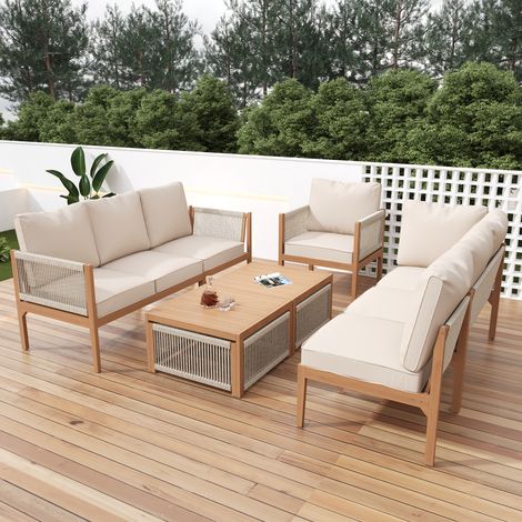 Salon de jardin pour 7–8 personnes : canapé, table, coussins, housses amovibles lavables, naturel + beige