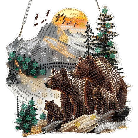 Diamantmalerei Bärenfamilie Anhänger, doppelseitiges Fensterbild, Türschild zum Aufhängen, 20x20cm