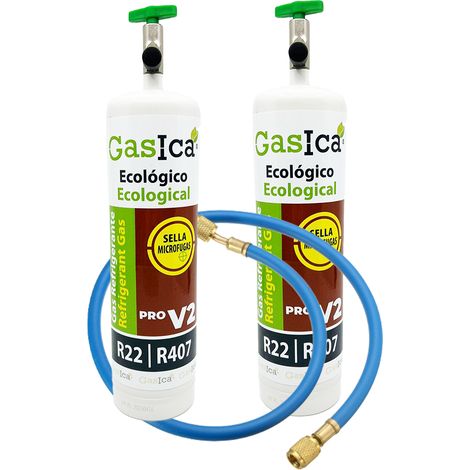 Pack 2 GASICA V2 PRO 400g  Sustituto Ecológico R22 R407C  Incluye Válvula y Manguera  Sellador de Fugas y Alta Eficiencia