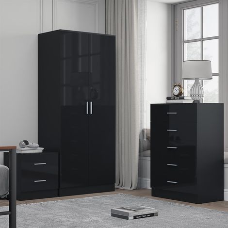 Reflect 2 Door Plain Wardrobe, 5 Drawer Chest, 2 Drawer Bedside - Black Gloss & Black Oak - Modern Bedroom Furniture Set
