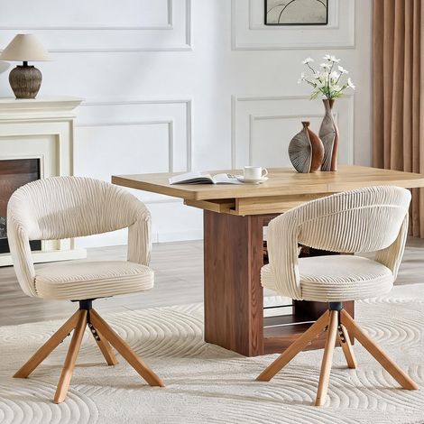 Lot de 2 chaises pivotantes en velours côtelé blanc cassé (1/5)