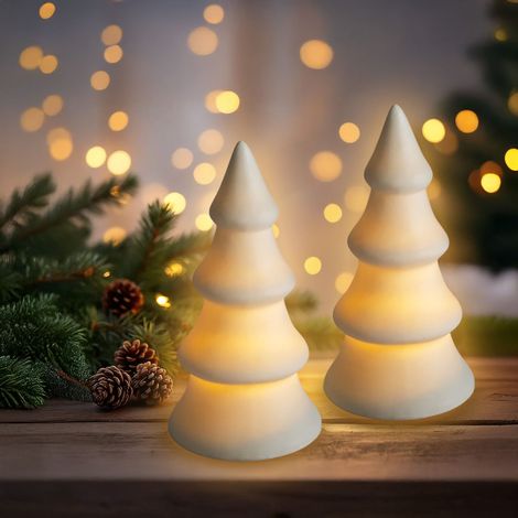 LED Keramik Weihnachtsbaum warm weiß 13 cm - 2er Set - Dekofigur Tannenbaum mit Beleuchtung