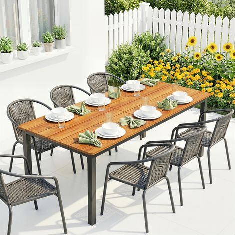 Table à manger de jardin 6-8 personnes, 180x86x74cm, bois massif, plateau à lattes, teck