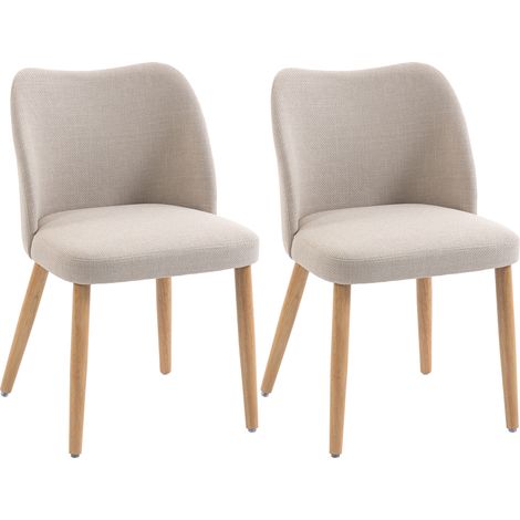 Set di 2 Sedie da Pranzo in Tessuto Effetto Lino e Legno di Caucciù, Seduta Imbottita, Schienale Curvo, Crema