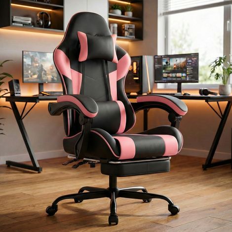 Silla ergonómica para gaming - 58,5 x 63 x 120,5 cm - Soporte lumbar, reposabrazos articulados y reposapiés - Negro y rosa (1/5)