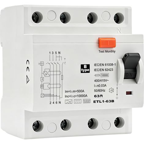 Disjoncteur Differentiel 30mA 63A Type B AC415V 4P Interrupteur Différentiel RCCB Disjoncteurs électriques Rail DIN pour systèmes Photovoltaïques et Stations de Recharge(ETL1-63B 4P 63A 30mA) (1/5)