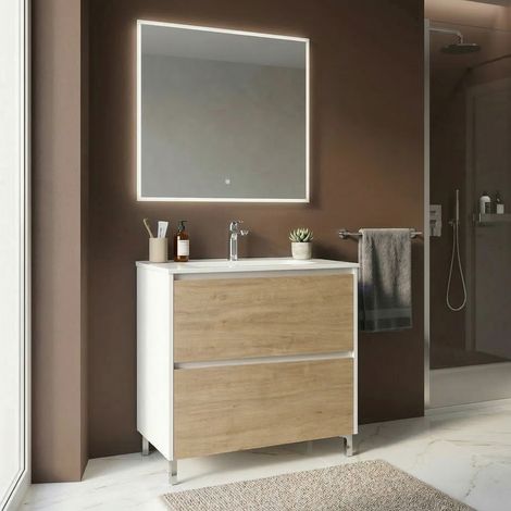 Meuble vasque L.100cm sur pied Blanc laqué 2 tiroirs Chêne naturel LISBONA - sans colonne (1/5)