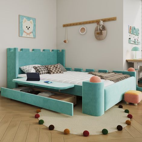 Cama infantil 140x200 cm azul verdosa de madera y terciopelo con almacenaje (1/5)