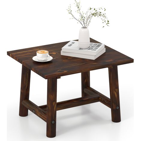 COSTWAY Square Side Table 100% Solid Natural Wood Mini Coffee Table-Brown