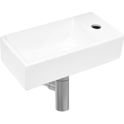 Swiss Aqua Technologies – Lave-mains suspendu SATBRE4020SRSET2 – Céramique blanche – Trou pour robinetterie à droite – Dimensions 40,5x20,5x10,5cm – Siphon universel métal chromé