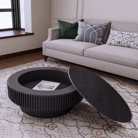 Tavolino basso rotondo in legno massiccio impiallacciato, diametro 75 cm, con vano di stoccaggio integrato – design moderno per soggiorno, camera da letto, appartamento o ufficio – colore nero