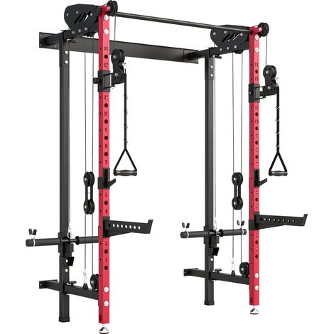 Station de musculation - SPORTNOW - pliable, hauteurs réglables, avec poulies doubles, charge 700kg - acier - 184x123x209cm - rouge (1/5)