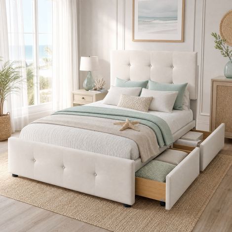 Cama infantil 90x200 cm con 2 cajones, beige, estructura de madera, sin colchón FloraGrace (1/5)