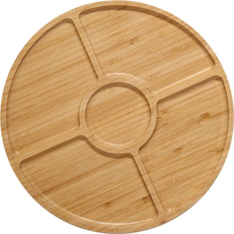 Plateau de service en bambou, plateau décoratif en bois, multifonctionnel et artisanal, idéal pour pouf, table basse, boissons et petit-déjeuner. Forme ronde. Dimensions : environ 20 x 20 x 1,4 cm.