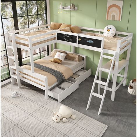 Lit mezzanine enfant 140x200 cm et 2 lits 90x200 cm blanc et chêne en bois massif avec bureau et tiroirs (1/5)