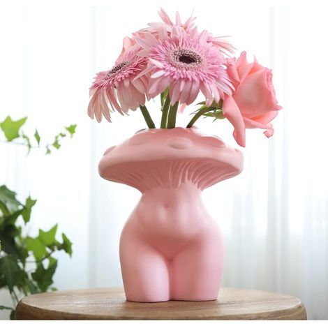 Vase avec champignon pour femme, décoration champignon, unique, vases éclectiques avec fesses en forme de femme, pour fleurs, visage funky, décoration esthétique pour salon, rose (1/5)